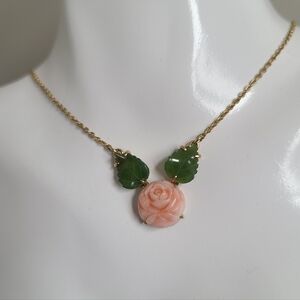 Vintage Gold Filled Luxury Pink Coral Green Jade Rose Leaf Floral Necklace